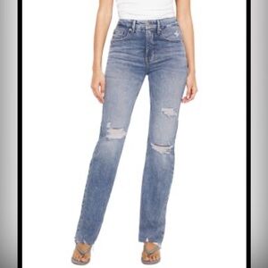 Good American Icon 10 30 Classic Blue Distressed Ripped Straight Jeans 32L